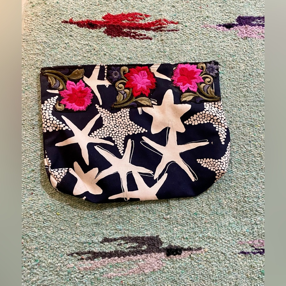 Thirty-One Starfish Patterned Clutch with Floral Embroidery